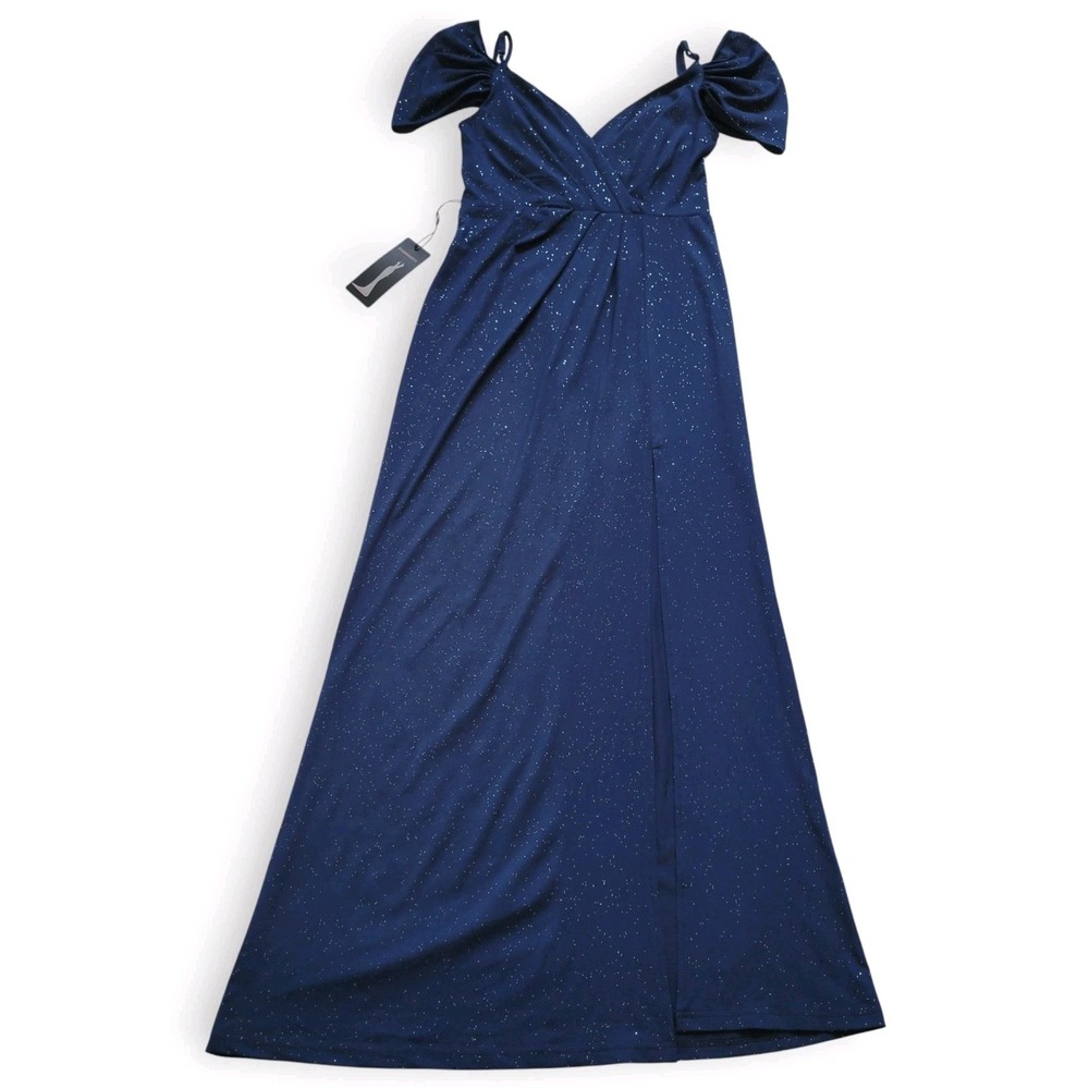 NWT Ever Pretty‎ Navy Glitter Maxi Gown 6 Cold Shoulder Slit Formal Evening Prom